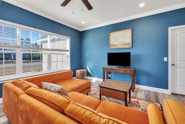 living room with wood finished floors, baseboards, ceiling fan, ornamental molding, and a textured ceiling