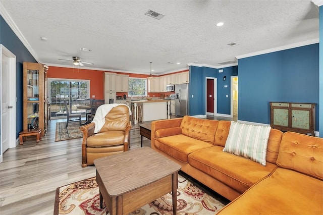 living area featuring light wood-type flooring, visible vents, a ceiling fan, a textured ceiling, and crown molding