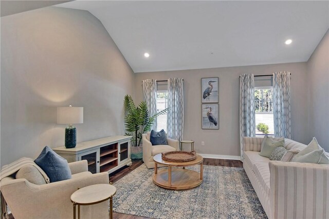 living room with hardwood / wood-style flooring and vaulted ceiling