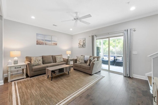 404 Mariners Cir, Saint Simons Island, GA 31522 - living area featuring dark wood finished floors, ceiling fan, baseboards, recessed lighting, and crown molding