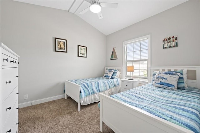 404 Mariners Cir, Saint Simons Island, GA 31522 - carpeted bedroom featuring lofted ceiling, baseboards, and ceiling fan