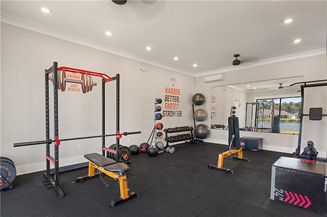 gym with a wall mounted AC, baseboards, and ornamental molding