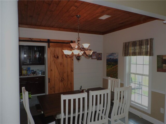 dining room with a chandelier, a barn door, and wooden ceiling