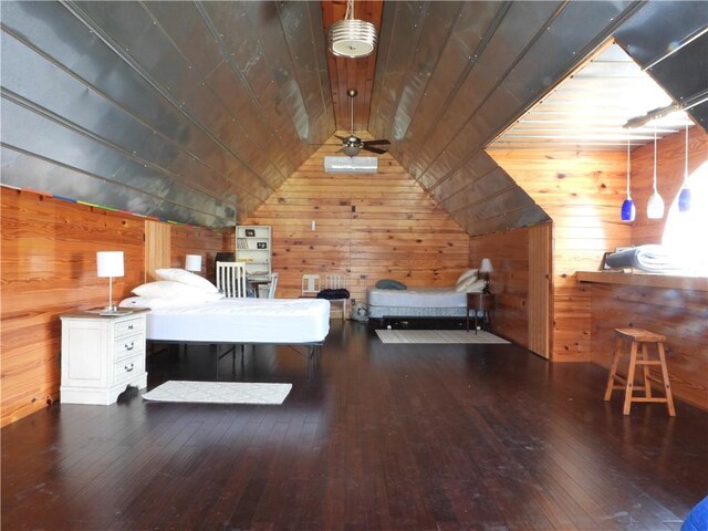 unfurnished bedroom with wooden walls, hardwood / wood-style floors, wooden ceiling, and lofted ceiling