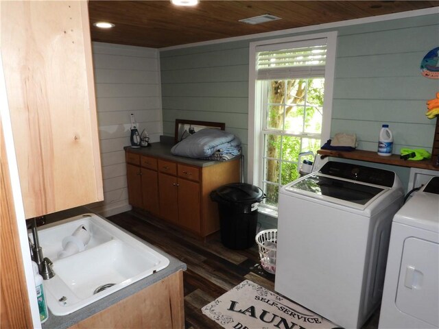 laundry area featuring dark hardwood / wood-style flooring, wooden walls, washer and clothes dryer, and wood ceiling