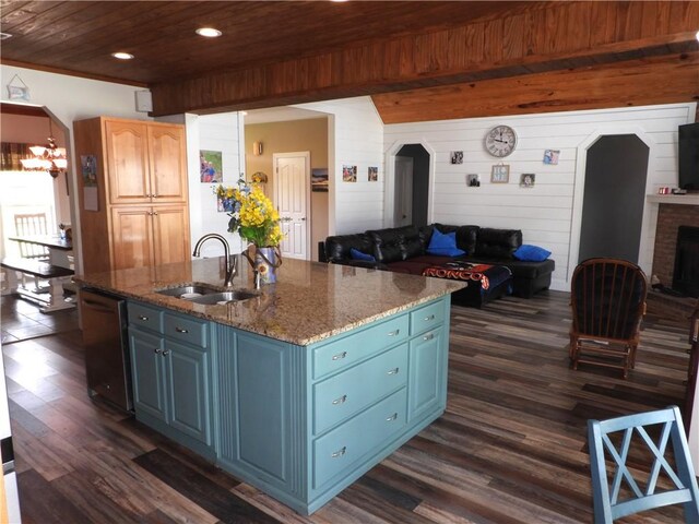 kitchen featuring blue cabinetry, stainless steel dishwasher, dark hardwood / wood-style flooring, and sink