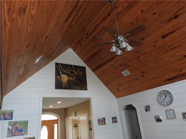 details with ceiling fan, wood walls, and wooden ceiling