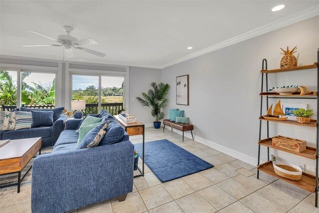 tiled living room with ceiling fan and crown molding