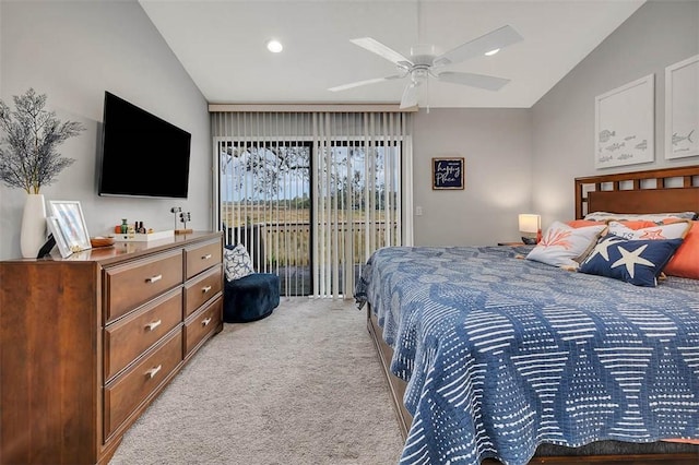 carpeted bedroom with access to exterior, vaulted ceiling, and ceiling fan