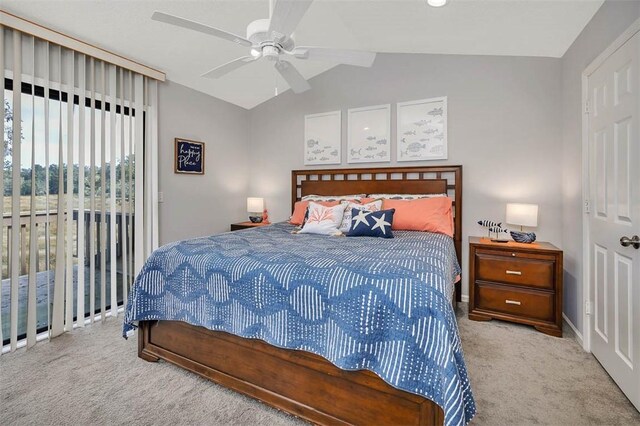 bedroom with ceiling fan, light colored carpet, lofted ceiling, and access to outside