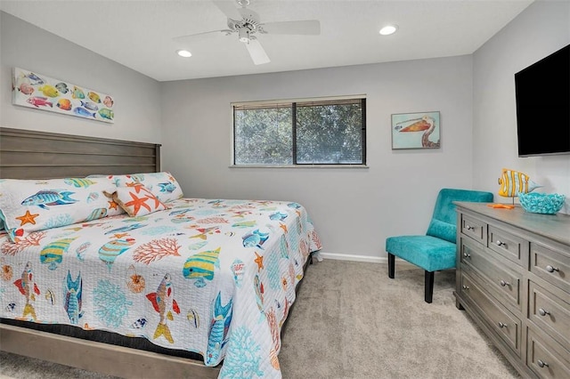 carpeted bedroom with ceiling fan