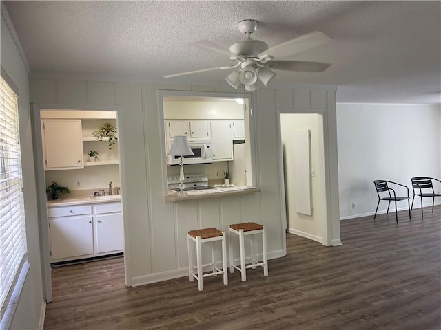 800 Mallery St Unit C-30, Saint Simons Island, GA 31522 - kitchen with white appliances, white cabinetry, dark wood-type flooring, a ceiling fan, and a textured ceiling