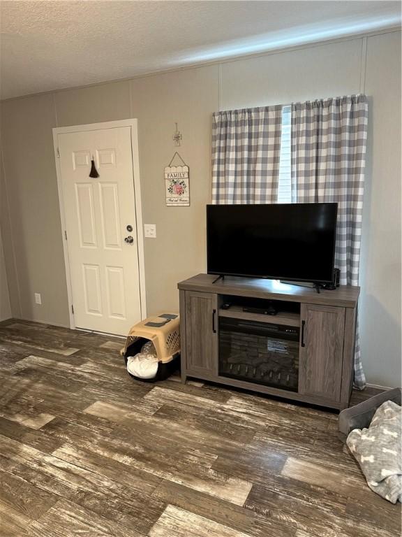 living room with dark hardwood / wood-style flooring and a textured ceiling