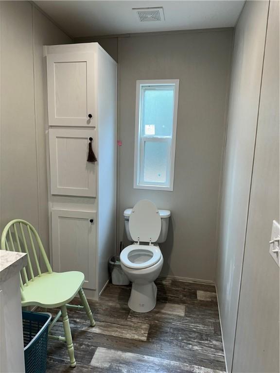 bathroom with hardwood / wood-style flooring, vanity, and toilet