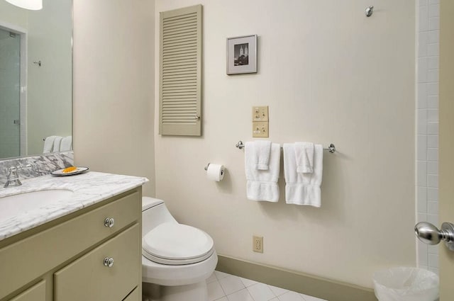 bathroom featuring tile patterned floors, vanity, toilet, and a shower