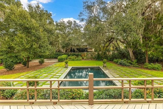 view of pool with a yard