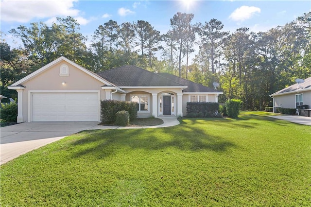 ranch-style home with a front lawn and a garage