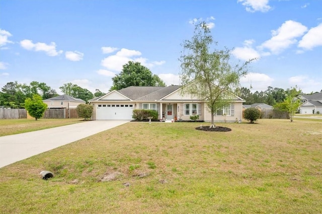 single story home with a garage, fence, driveway, and a front yard