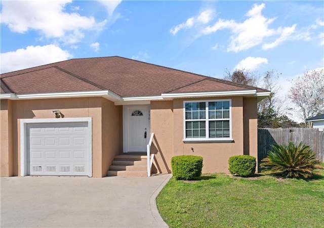 view of front facade featuring fence, roof with shingles, an attached garage, stucco siding, and concrete driveway