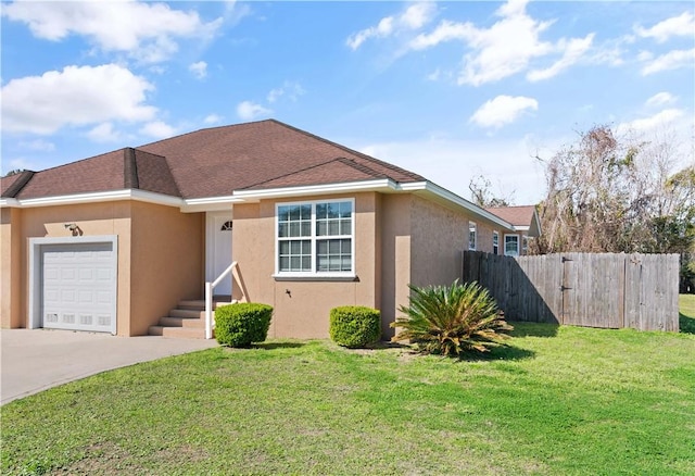 view of front of home featuring fence, an attached garage, stucco siding, a front lawn, and concrete driveway