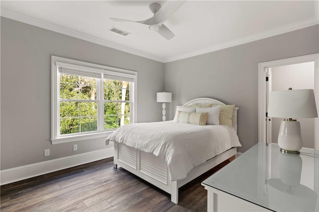 bedroom with crown molding, baseboards, visible vents, ceiling fan, and dark wood-style flooring
