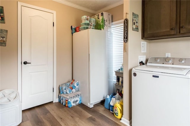 5618 Bowen Rd, Blackshear, GA 31516 - laundry area featuring washer / dryer, crown molding, wood finished floors, and cabinet space