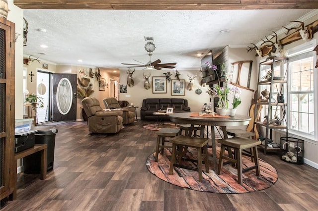5618 Bowen Rd, Blackshear, GA 31516 - dining area featuring a textured ceiling, a ceiling fan, dark wood finished floors, and recessed lighting