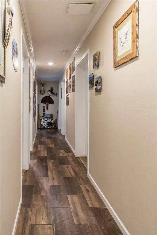 5618 Bowen Rd, Blackshear, GA 31516 - hall featuring crown molding, recessed lighting, and dark wood-style floors