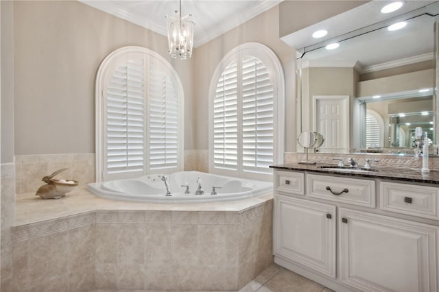 bathroom featuring tile patterned floors, vanity, crown molding, and an inviting chandelier