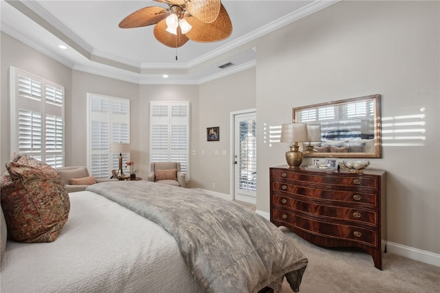 bedroom featuring carpet flooring, access to exterior, ceiling fan, a raised ceiling, and crown molding