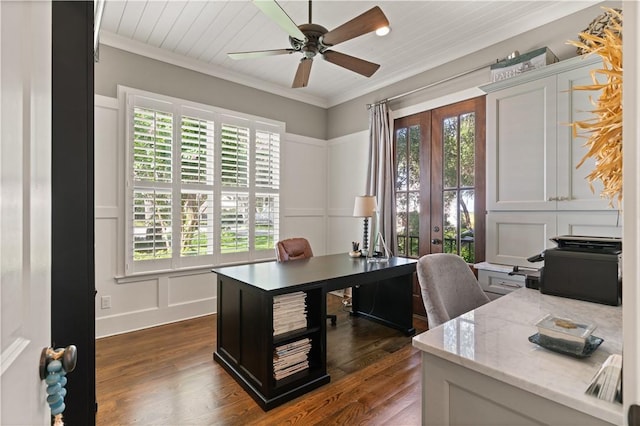 home office featuring french doors, crown molding, ceiling fan, and dark wood-type flooring