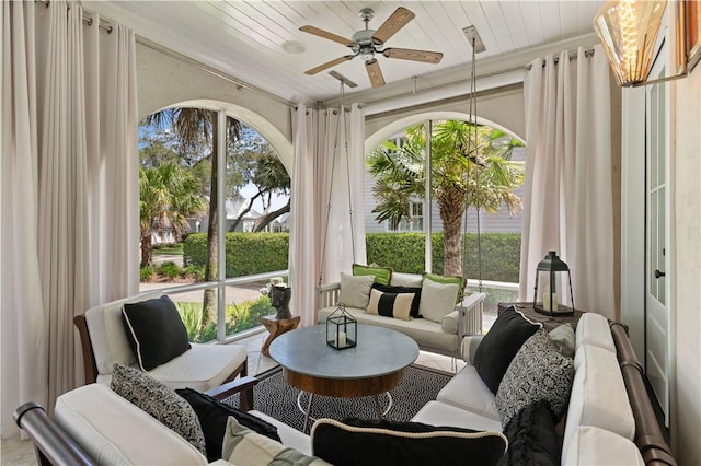 sunroom / solarium featuring ceiling fan and wooden ceiling