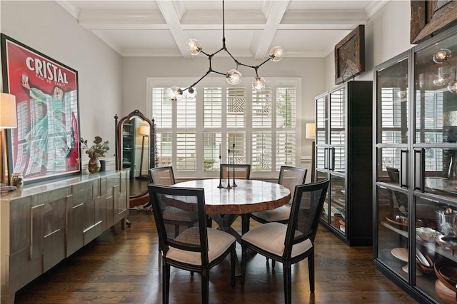 dining space featuring beamed ceiling, dark hardwood / wood-style floors, crown molding, and coffered ceiling