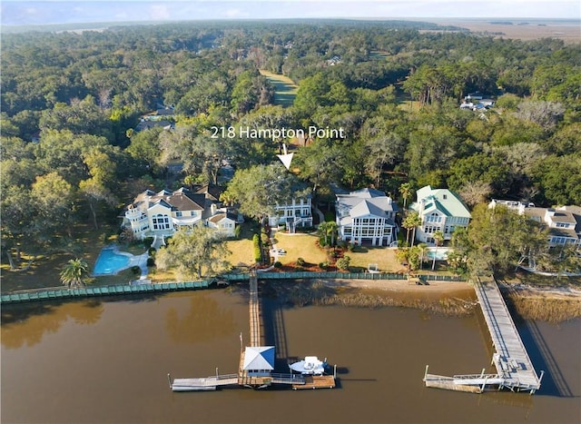 aerial view featuring a water view