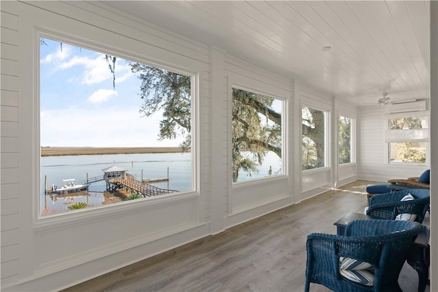 sunroom featuring a water view, ceiling fan, and wood ceiling