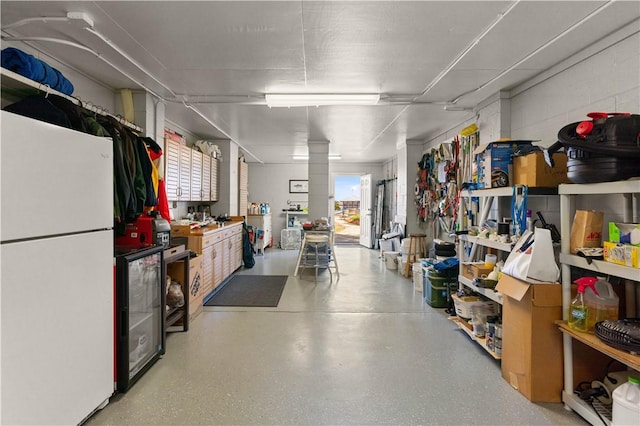 interior space featuring white fridge