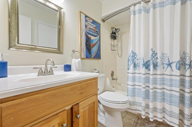 full bathroom featuring vanity, shower / bathtub combination with curtain, and toilet