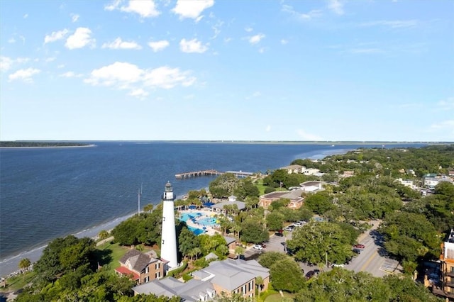 drone / aerial view with a water view