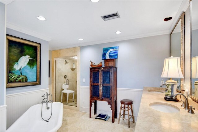 bathroom featuring shower with separate bathtub, vanity, tile patterned floors, and ornamental molding