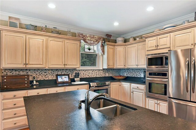 kitchen with decorative backsplash, stainless steel appliances, crown molding, and sink