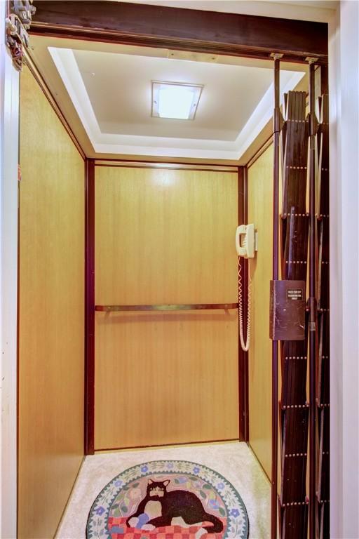 hallway featuring a tray ceiling and light colored carpet