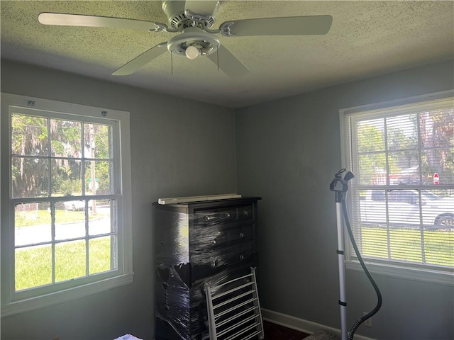 3228 Reynolds St, Brunswick, GA 31520 - bedroom with multiple windows, ceiling fan, baseboards, and a textured ceiling