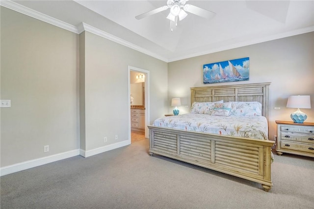 bedroom with carpet flooring, ensuite bath, ceiling fan, and crown molding