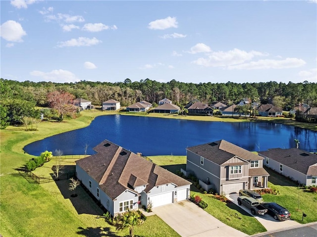 aerial view with a residential view and a water view