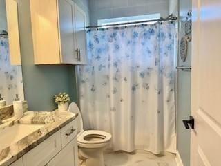 bathroom featuring vanity, toilet, and walk in shower