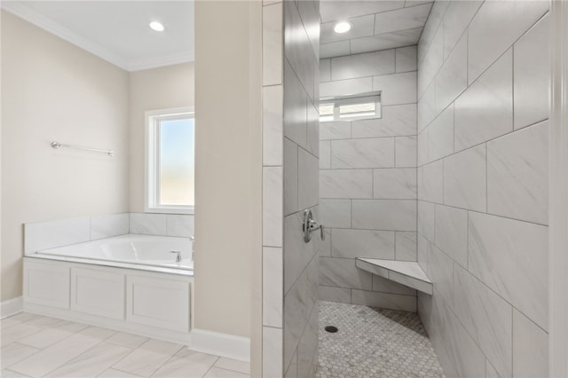 bathroom featuring separate shower and tub and crown molding