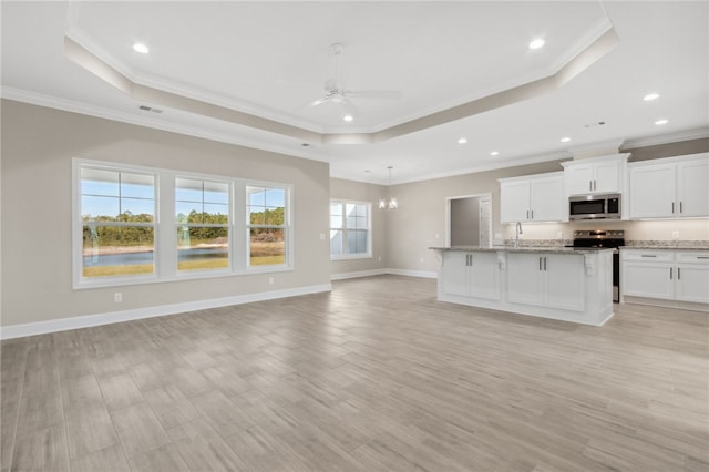 kitchen with white cabinets, a tray ceiling, stainless steel appliances, and a kitchen island with sink