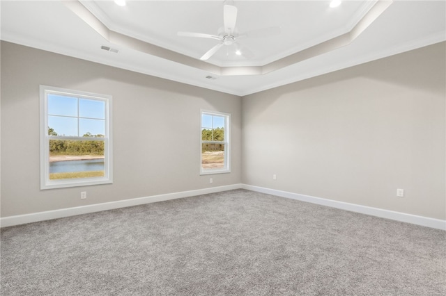 carpeted spare room featuring ornamental molding, ceiling fan, and a raised ceiling