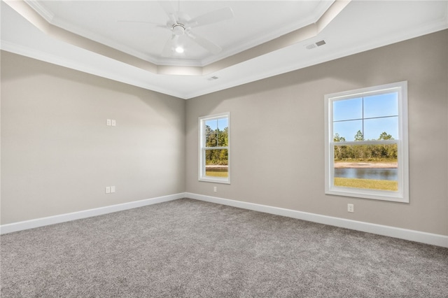 empty room featuring ornamental molding, carpet flooring, and a raised ceiling