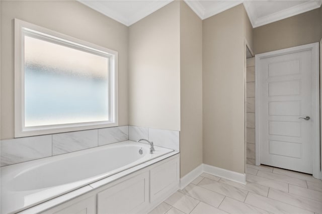 bathroom featuring crown molding and a tub to relax in